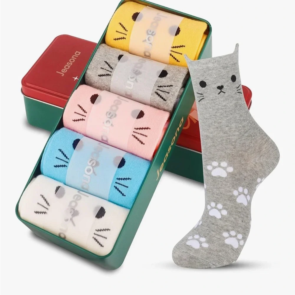 Cat Paw Print Socks Set - Gray, Blue, White, Pink, Yellow
